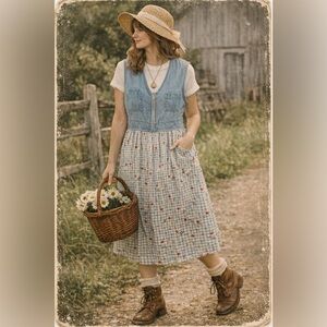 Vintage Denim & Floral Zip‑Front Dress | Made in USA |